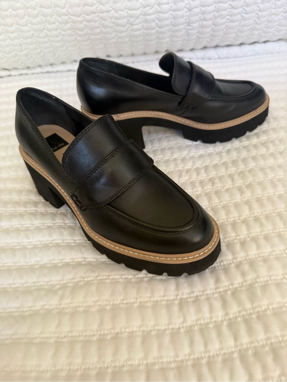 Dolce Vita Black Leather Chunky Heel Loafers Like New!
